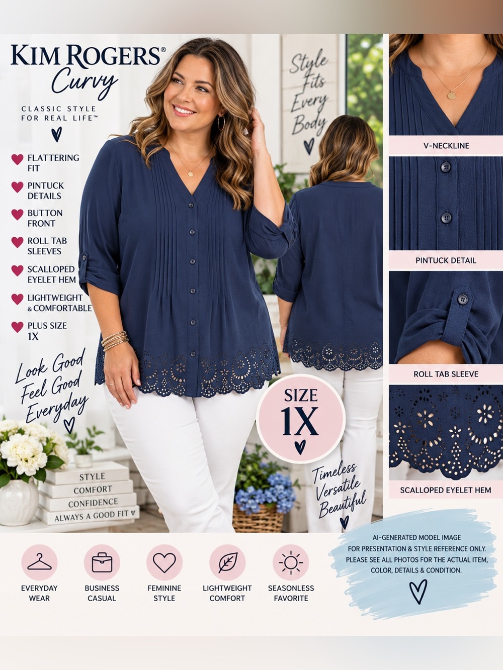 Kim Rogers Curvy Navy Pintuck Eyelet Hem Roll Tab Blouse 1X